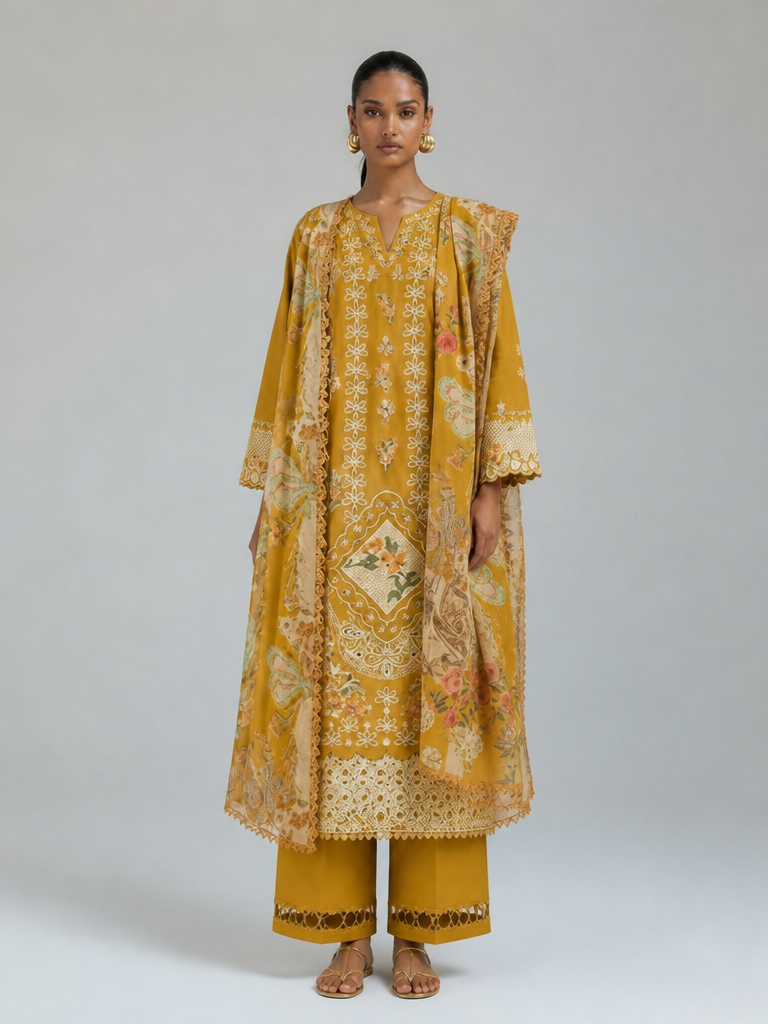 Bestickte Baumwoll-Salwar Kameez mit Chiffon-Dupatta