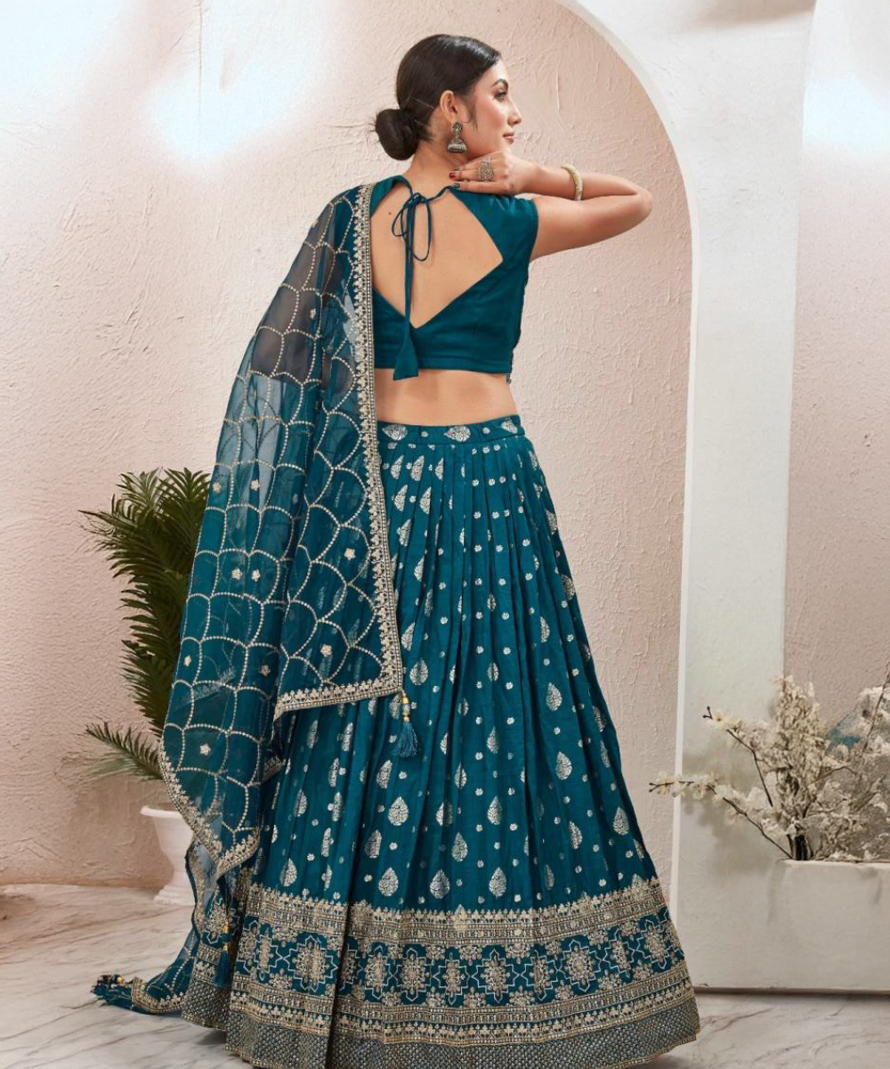Petrol blue jacquard lehenga