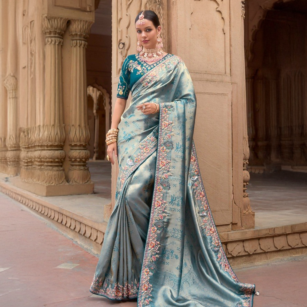 Blau Silbernes Saree - Desiwear