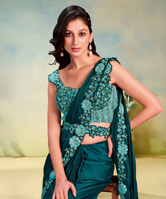 Petrolfarbener Mahotsav Odyssey Satin-Seide Designer Saree