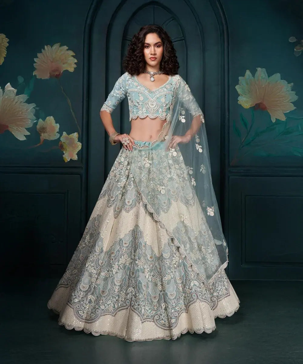 Off White / Blauer Georgette Lehenga Desiwear
