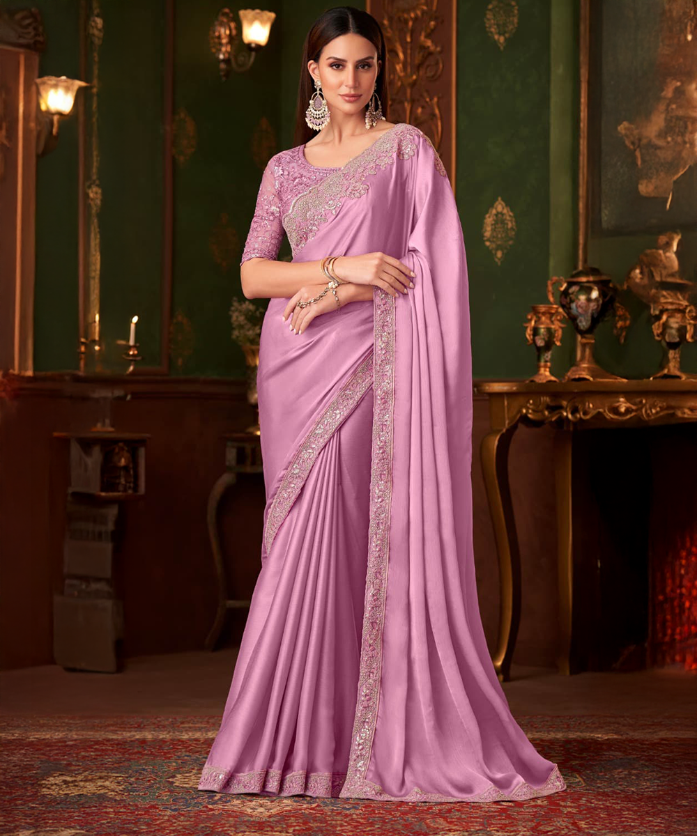 Pink saree with silver trim