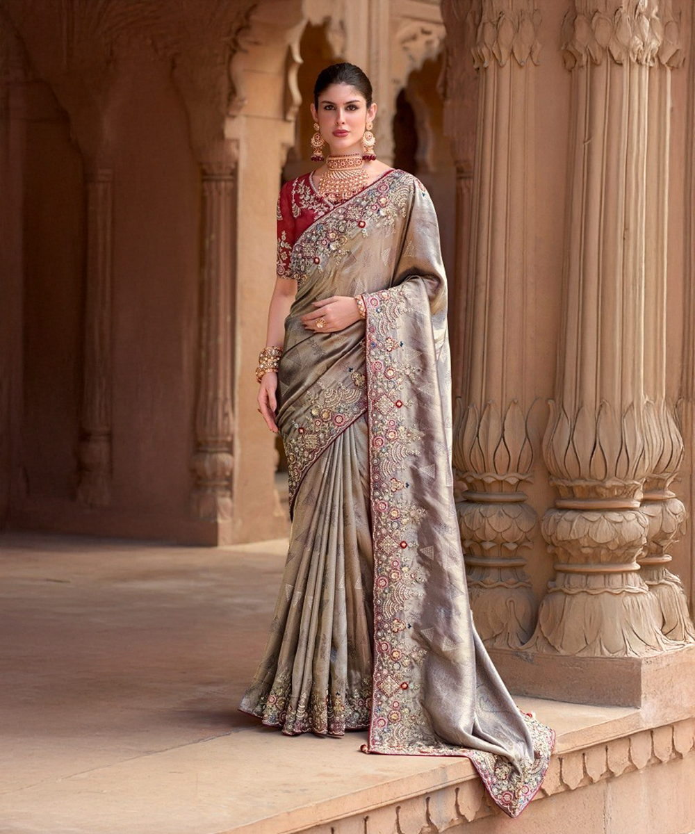 Silber rotes Saree - Desiwear