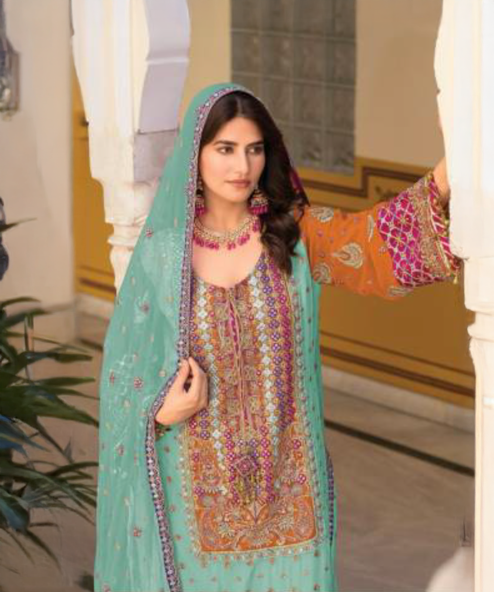 Salwar Suit Türkis & Orange — Türkis & Orange — Sofort lieferbar