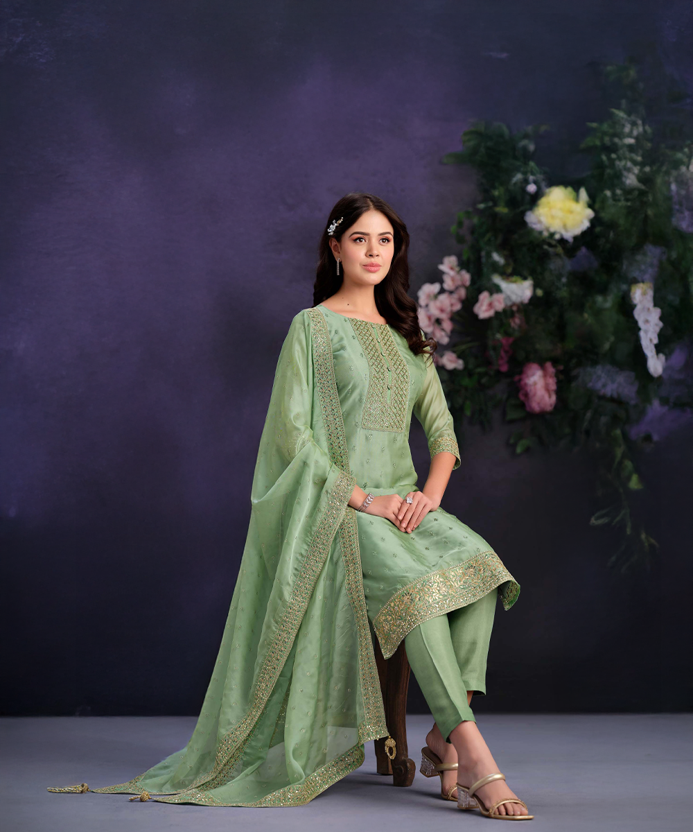 Organza Grün Salwar Kameez — Grün — Sofort lieferbar