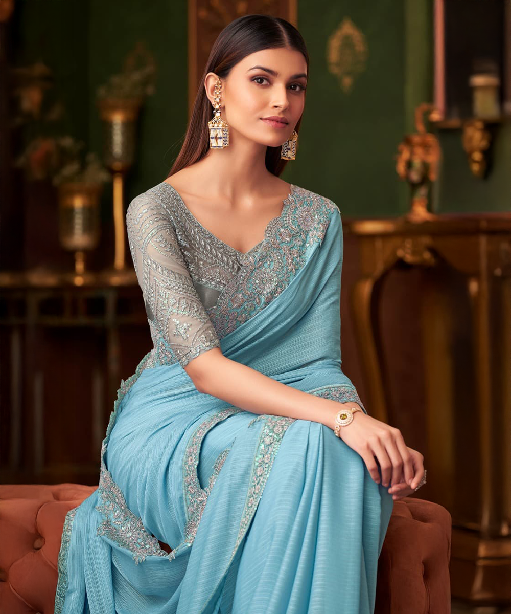 Hellblaues Saree — Hellblau — Sofort lieferbar