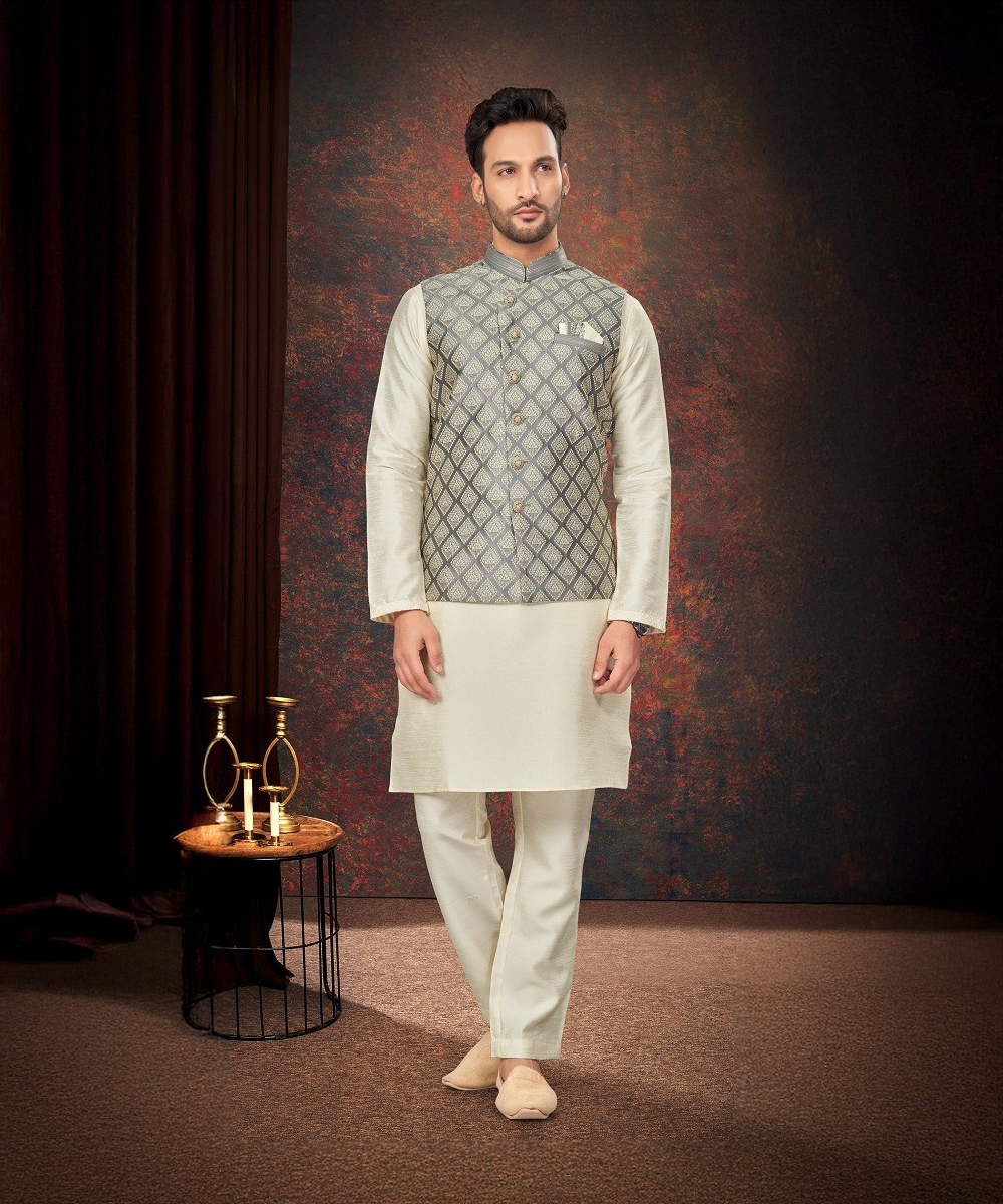 Exklusiver Kurta Pajama mit Jacquard-Jacke – Zeitlose Eleganz in Creme und Grau Desiwear