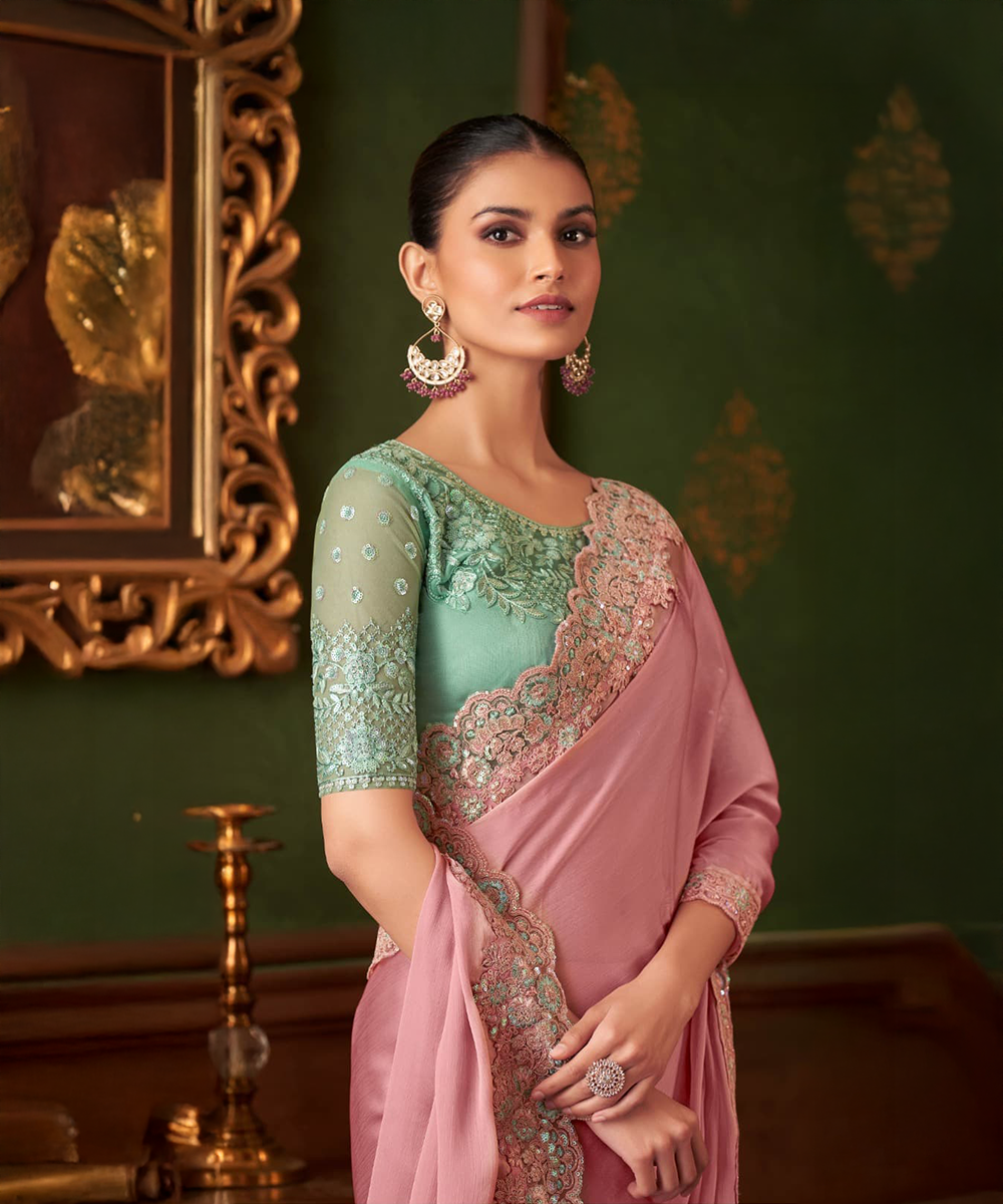 Pink saree with green blouse