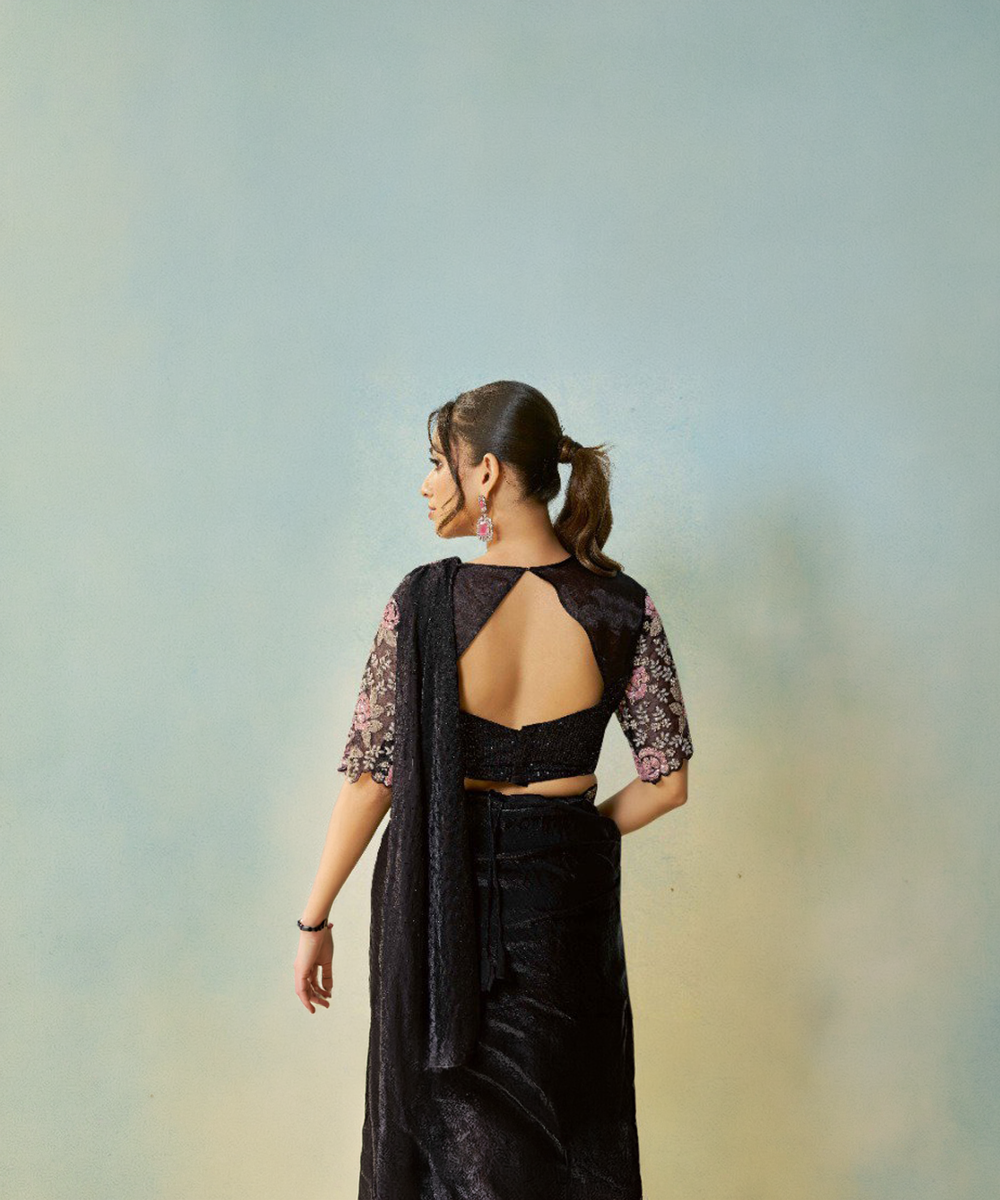 Schwarzer Mahotsav Odyssey Zweifarbiger Satin-Seide Designer Saree