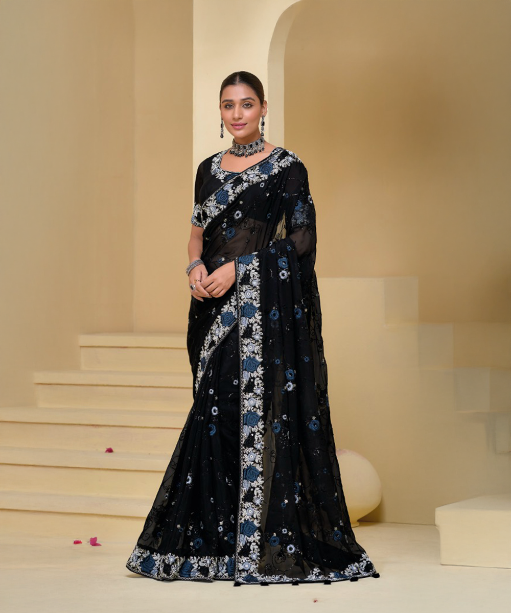 Black saree with blue roses