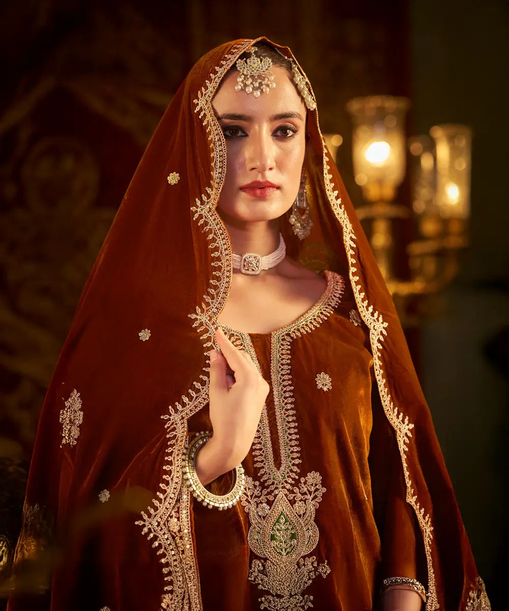 Braunes Salwaar Kameez aus Velvet Desiwear