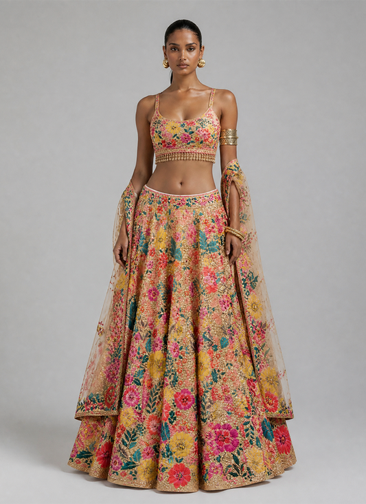 Georgette Lehenga Choli mit Blumen-Pailletten-Stickerei in Creme