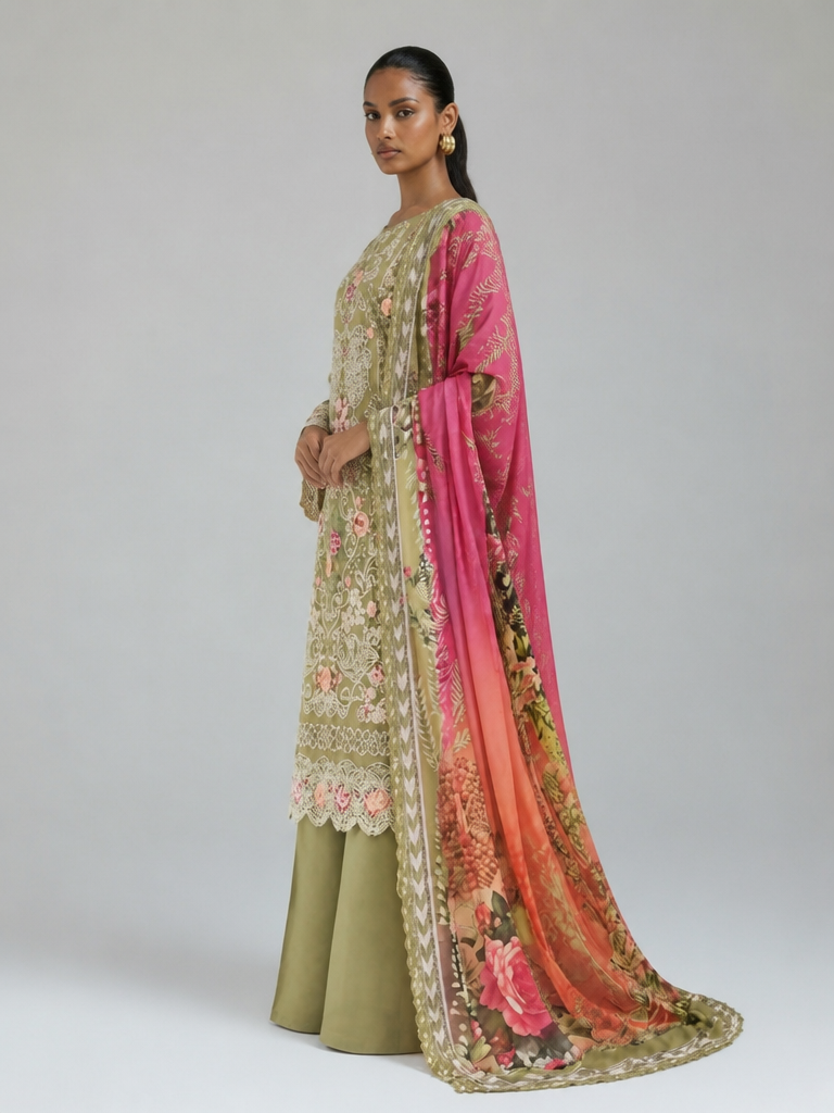 Bestickte Baumwoll-Salwar Kameez mit Chiffon-Dupatta