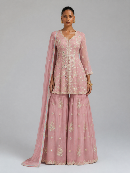SIYONA Georgette Gharara-Set mit Stickerei