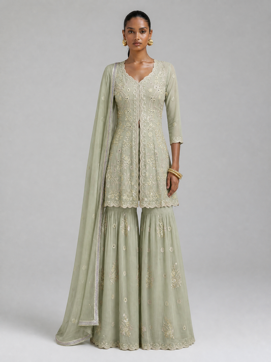 SIYONA Georgette Gharara-Set mit Stickerei