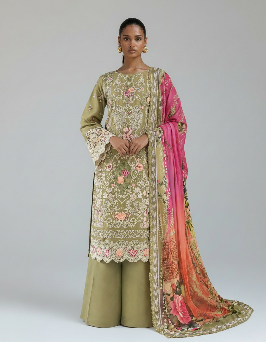 Bestickte Baumwoll-Salwar Kameez mit Chiffon-Dupatta