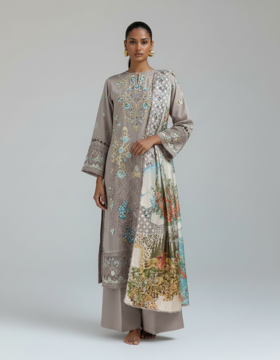 Bestickte Baumwoll-Salwar Kameez mit Chiffon-Dupatta