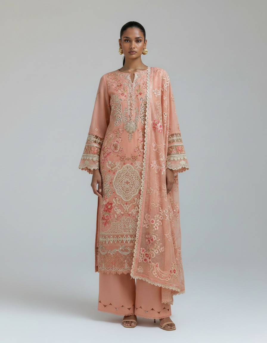 Bestickte Baumwoll-Salwar Kameez mit Chiffon-Dupatta