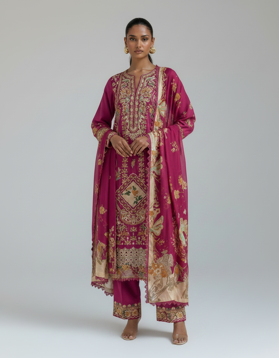 Bestickte Baumwoll-Salwar Kameez mit Chiffon-Dupatta