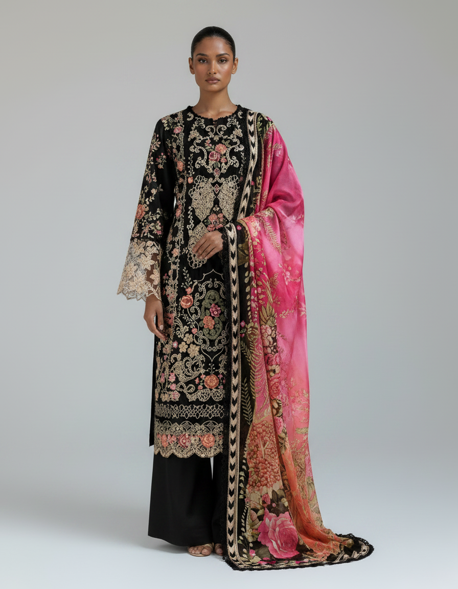 Bestickte Baumwoll-Salwar Kameez mit Chiffon-Dupatta