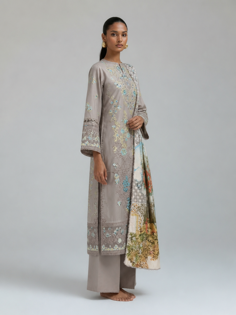 Bestickte Baumwoll-Salwar Kameez mit Chiffon-Dupatta