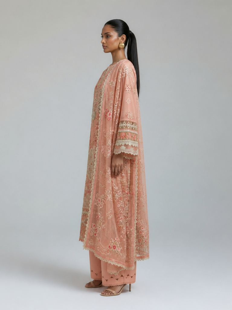 Bestickte Baumwoll-Salwar Kameez mit Chiffon-Dupatta