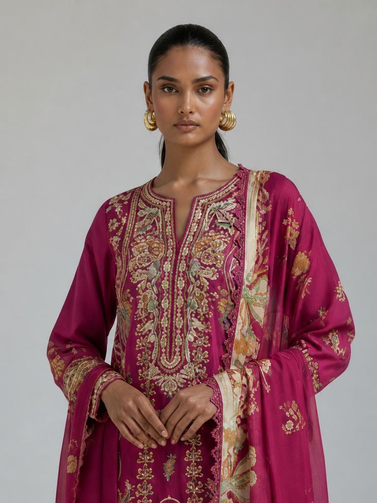Bestickte Baumwoll-Salwar Kameez mit Chiffon-Dupatta