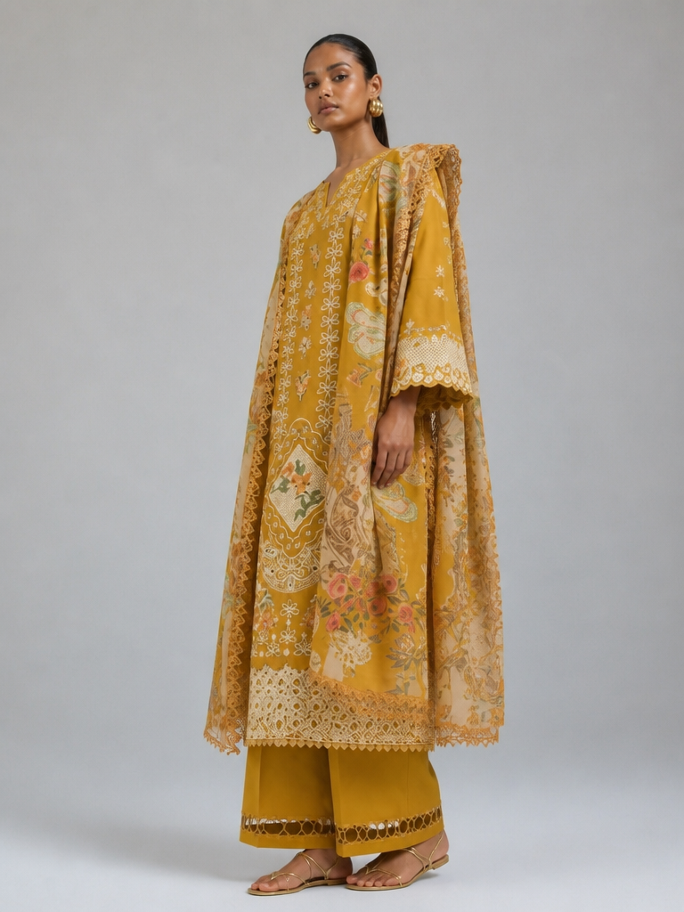 Bestickte Baumwoll-Salwar Kameez mit Chiffon-Dupatta