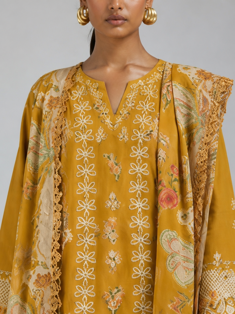 Bestickte Baumwoll-Salwar Kameez mit Chiffon-Dupatta