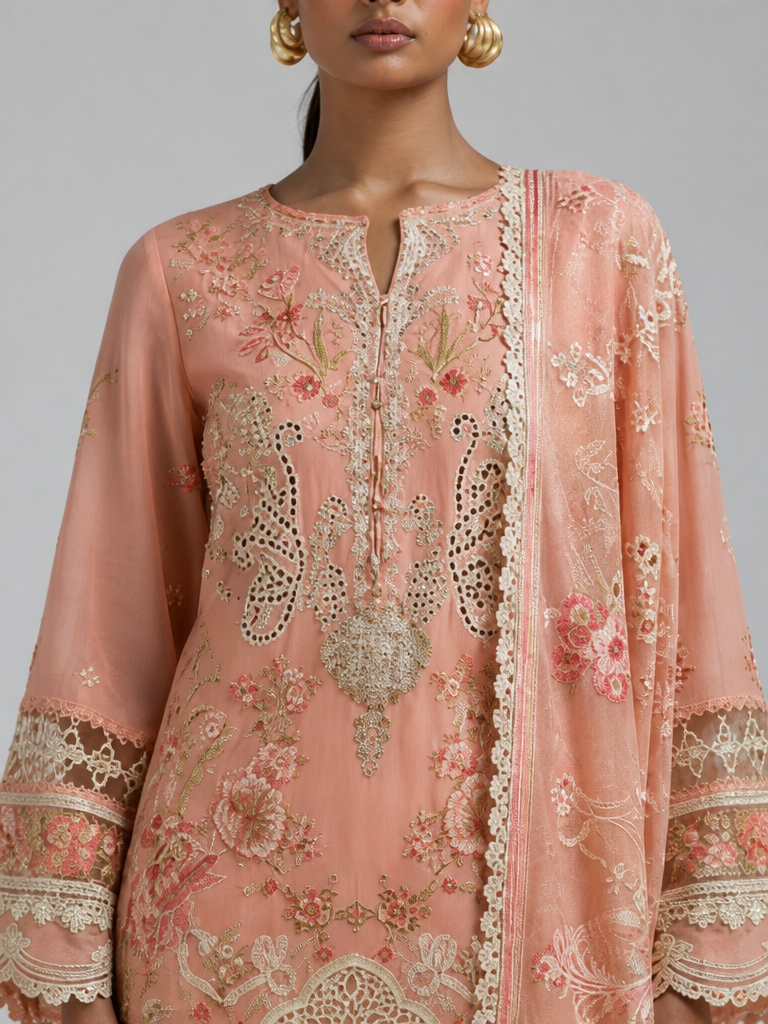 Bestickte Baumwoll-Salwar Kameez mit Chiffon-Dupatta