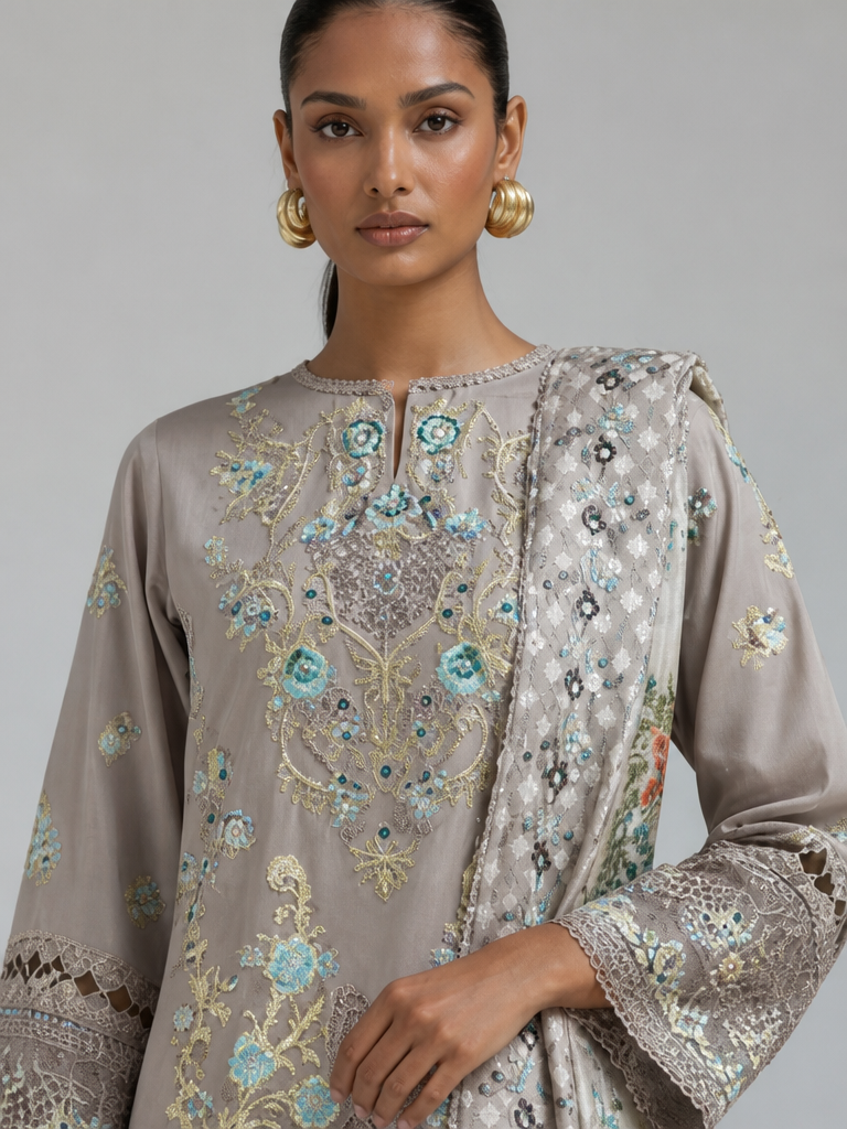 Bestickte Baumwoll-Salwar Kameez mit Chiffon-Dupatta