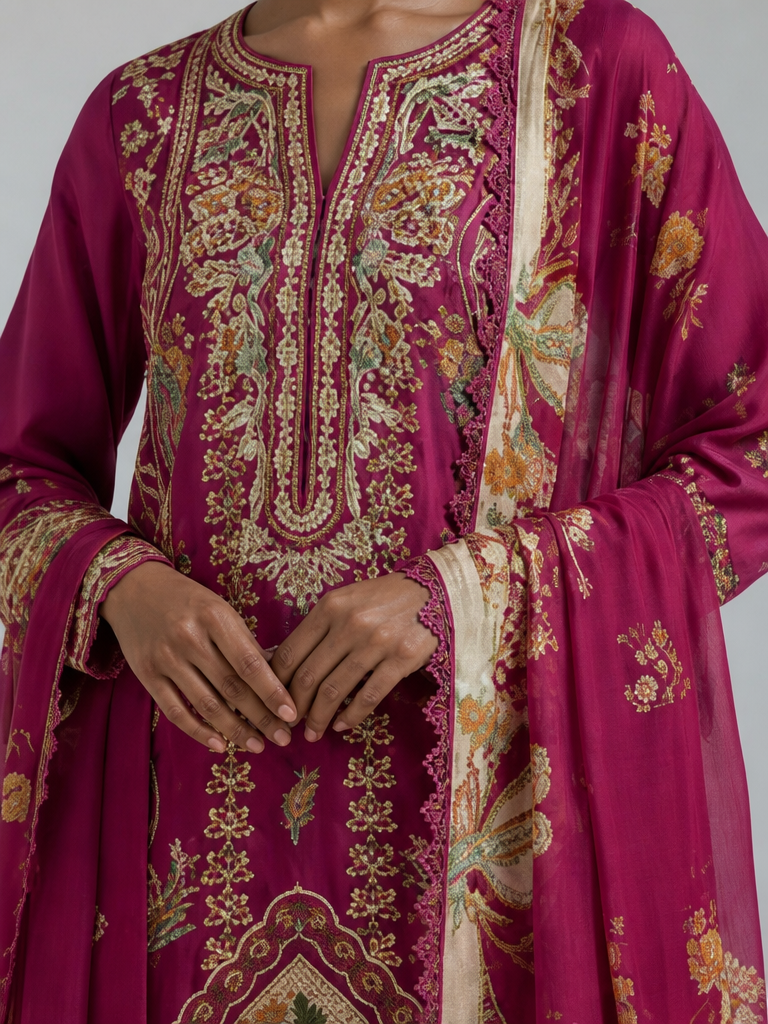 Bestickte Baumwoll-Salwar Kameez mit Chiffon-Dupatta