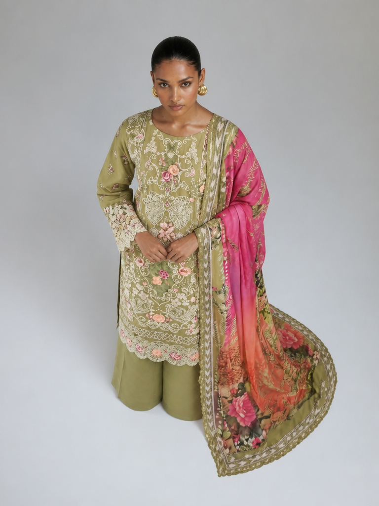 Bestickte Baumwoll-Salwar Kameez mit Chiffon-Dupatta