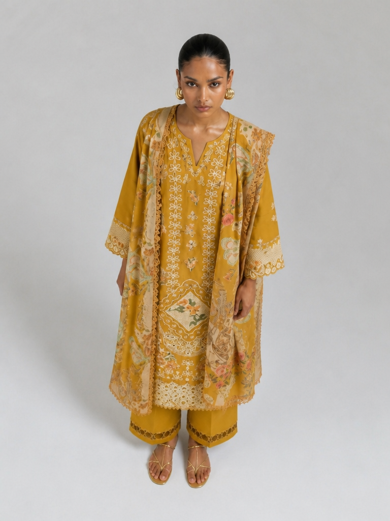 Bestickte Baumwoll-Salwar Kameez mit Chiffon-Dupatta