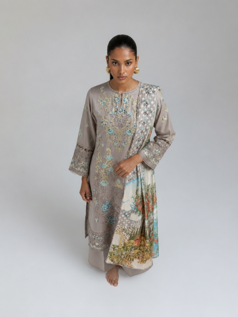 Bestickte Baumwoll-Salwar Kameez mit Chiffon-Dupatta