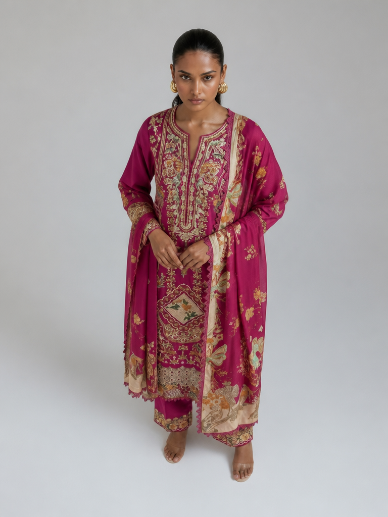 Bestickte Baumwoll-Salwar Kameez mit Chiffon-Dupatta