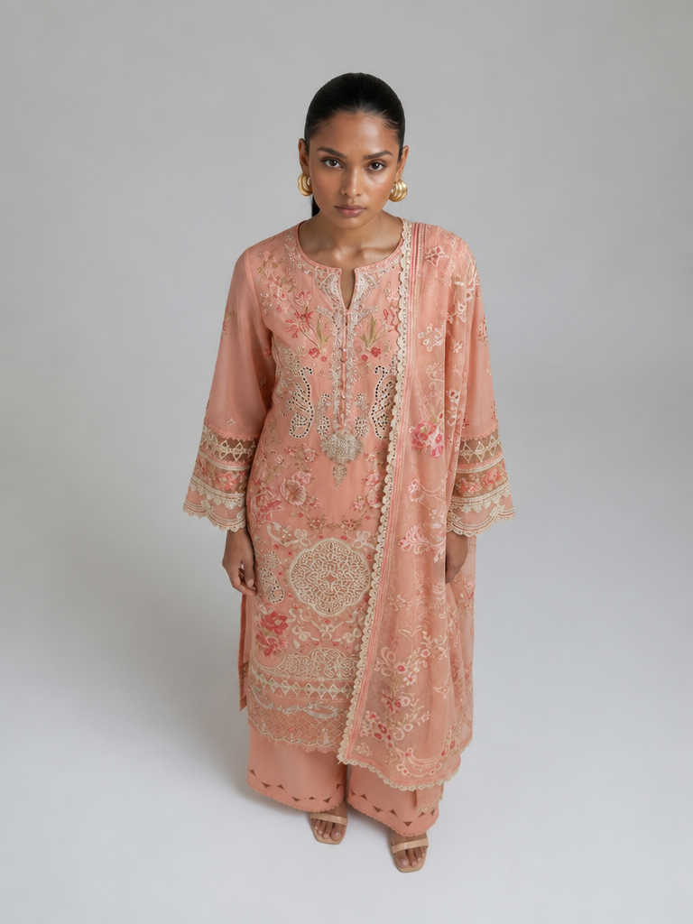 Bestickte Baumwoll-Salwar Kameez mit Chiffon-Dupatta