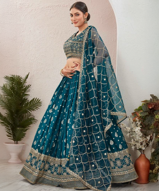Petrol blue jacquard lehenga