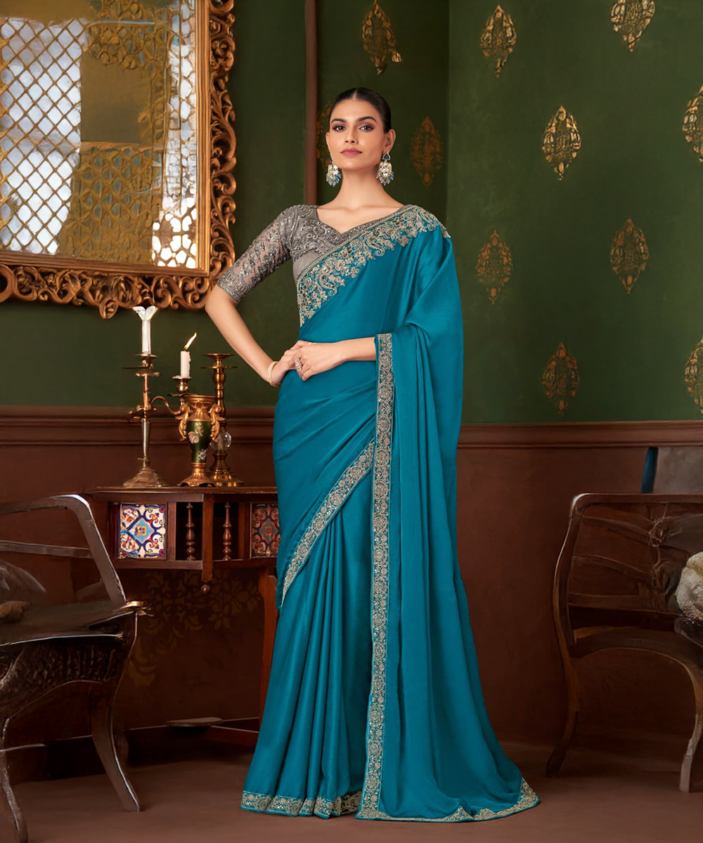 Blau Graues Saree — Blaugrau — Sofort lieferbar