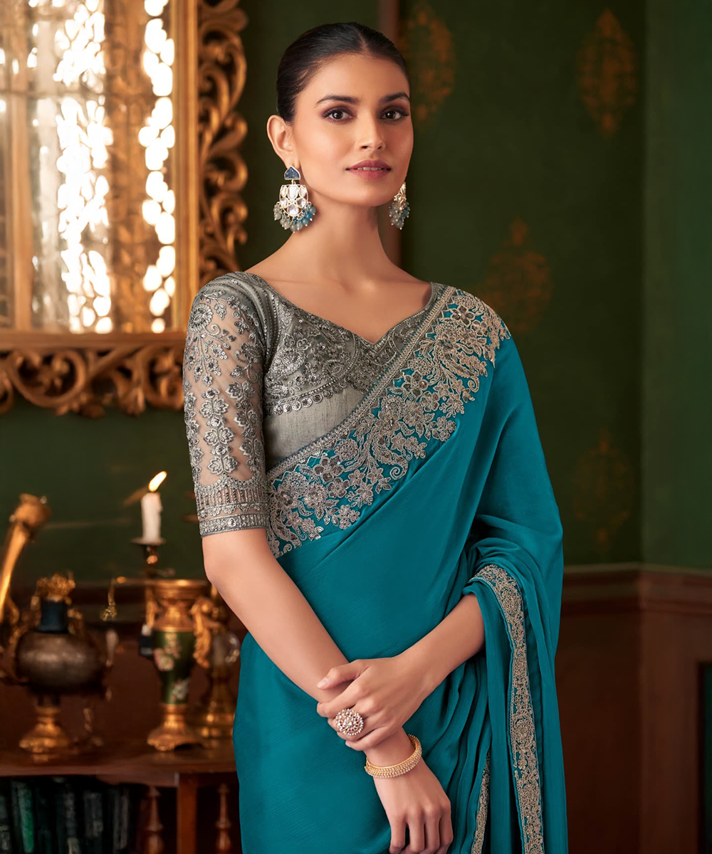 Blaugraues Saree — Blaugrau — Sofort lieferbar