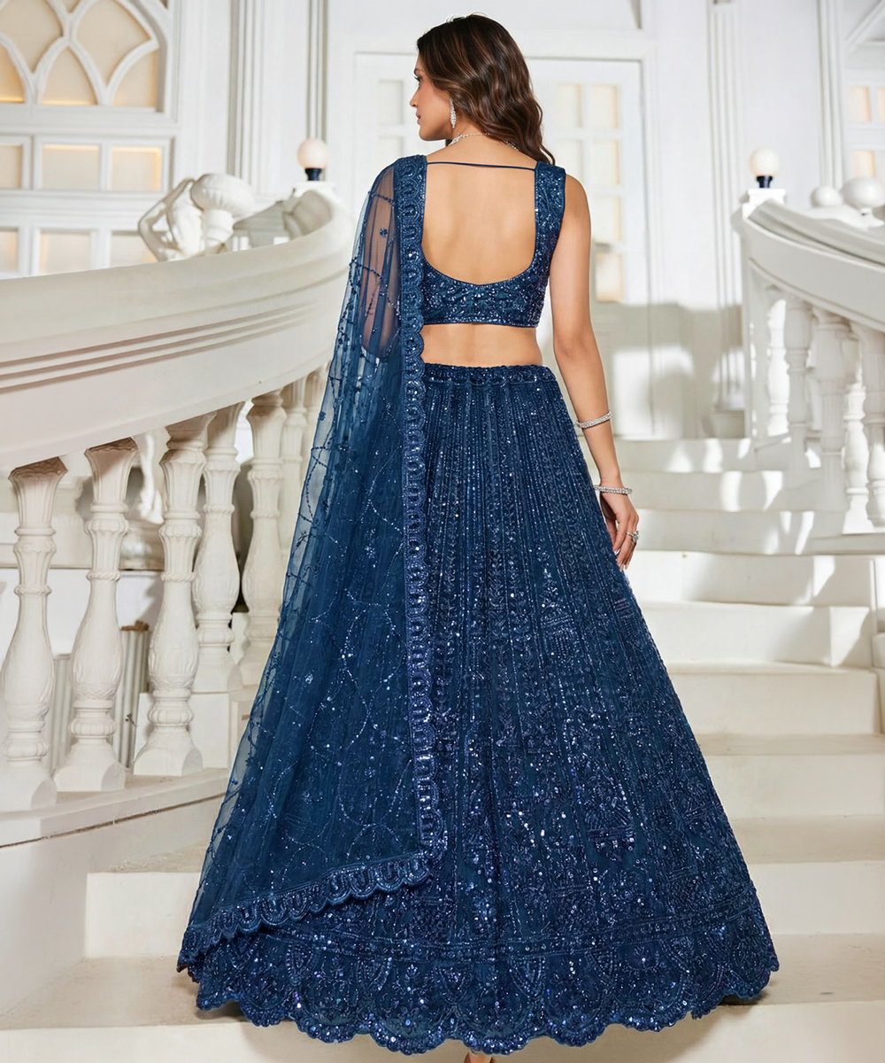 Blauer Designer Net Lehenga Choli mit Handstickerei