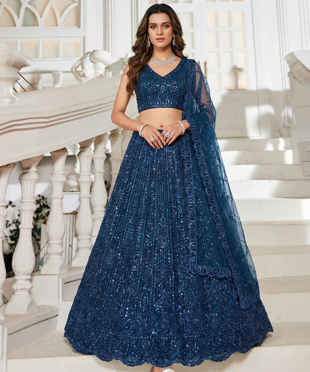 Blauer Designer Net Lehenga Choli mit Handstickerei