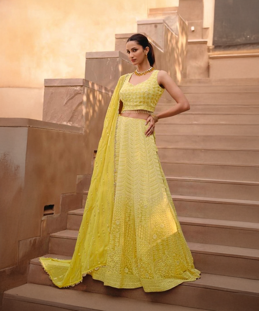 Yellow Soft Net Lehenga