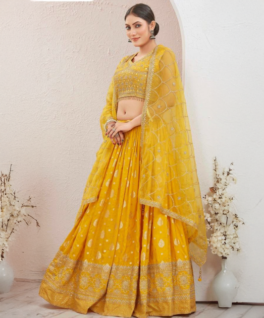 Yellow jacquard lehenga