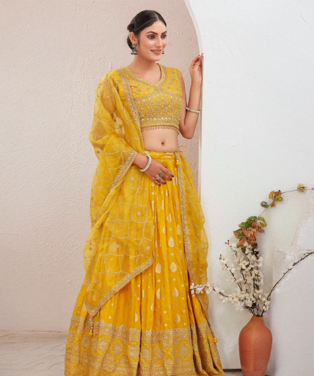 Yellow jacquard lehenga