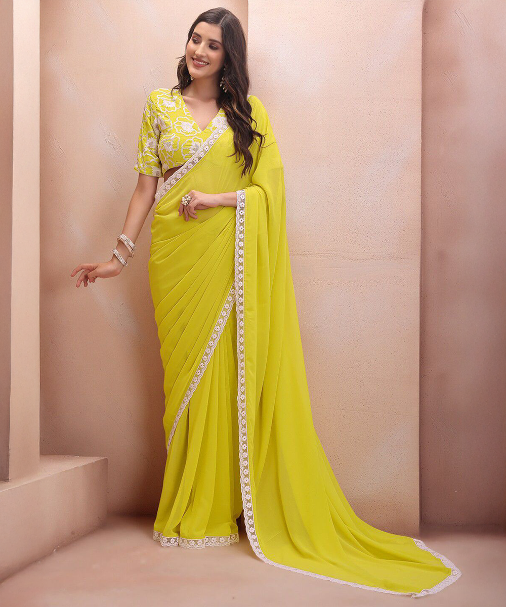 Eleganz in Gelb in Georgette Saree — Gelb — Sofort lieferbar