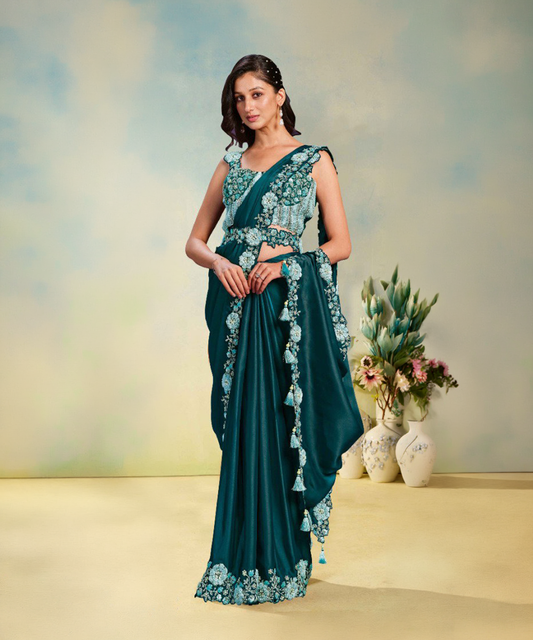 Petrolfarbener Mahotsav Odyssey Satin-Seide Designer Saree