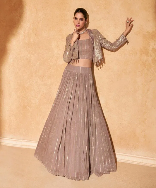 Schimmernedes Taupe Lehenga — Taupe — Sofort lieferbar