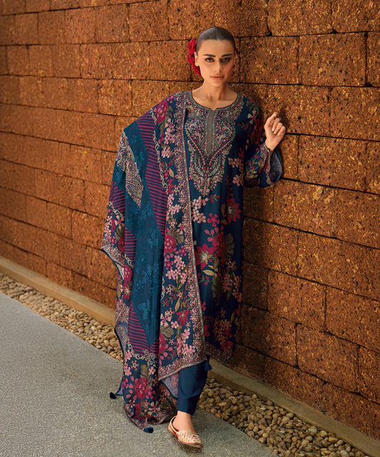 Navyblaues Salwaar Kameez mit Pinkem Blumen Muster aus Viscose Desiwear