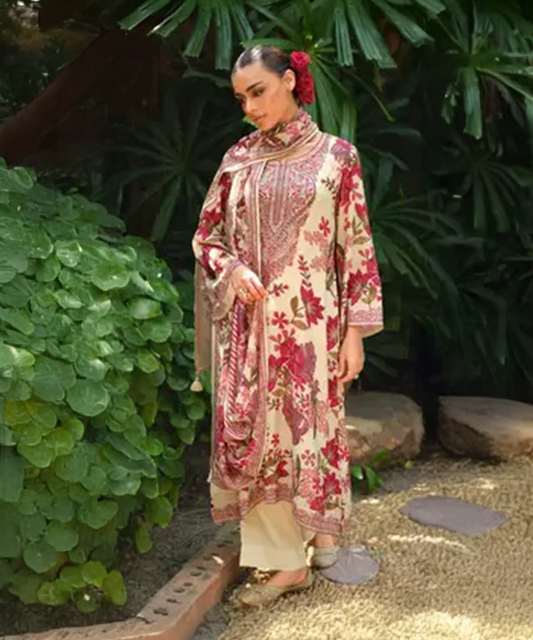 Cremeweißes Salwaar Kameez mit Pinkem Blumen Muster Desiwear